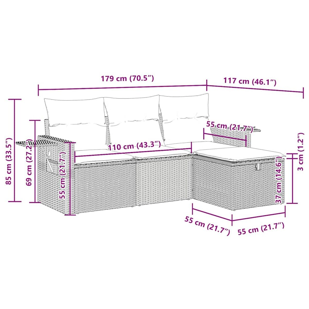 Diagramm mit den Maßen eines Sofas. Weißer Hintergrund.
