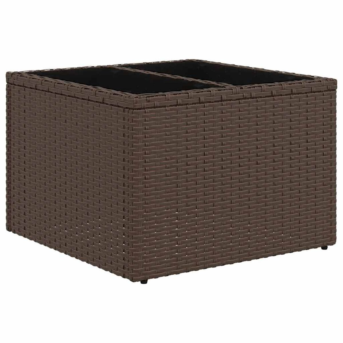 Un contenitore marrone in rattan intrecciato con piano piatto, visto frontalmente. Ha 3 scomparti.