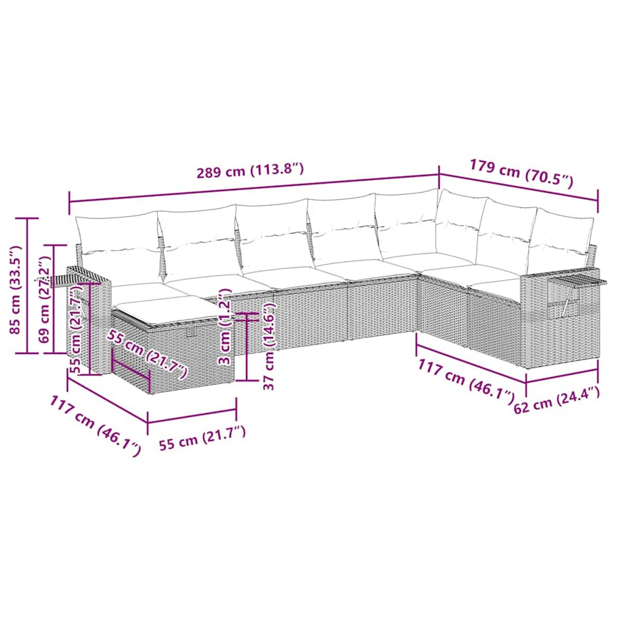 Ein Outdoor-Korbmöbel-Sofaset mit Abmessungen. Enthält eine Ecke und einen Beistelltisch.