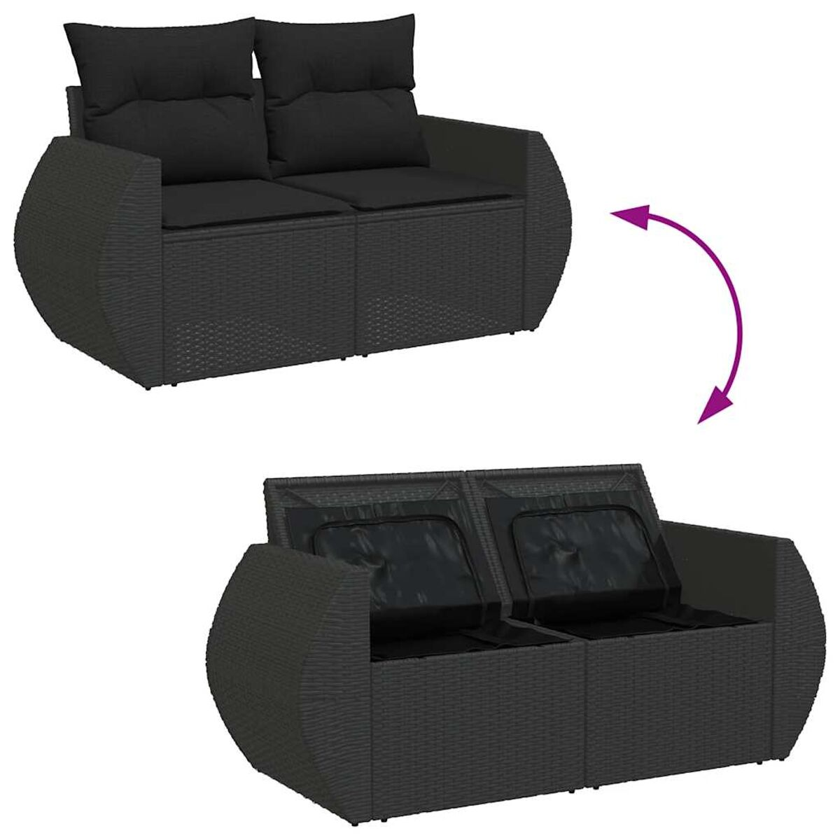 Divano a due posti in rattan nero con contenitore. Il divano ha cuscini neri e si apre per lo stoccaggio.