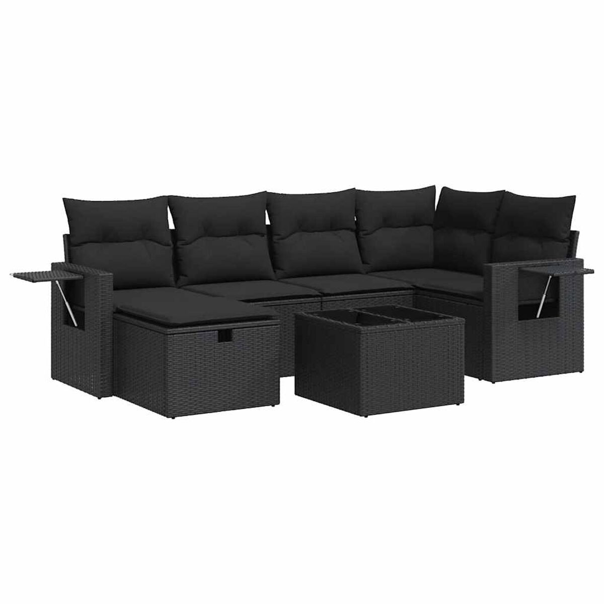 Divano componibile in vimini nero con cuscini neri e tavolo con piano elevabile.