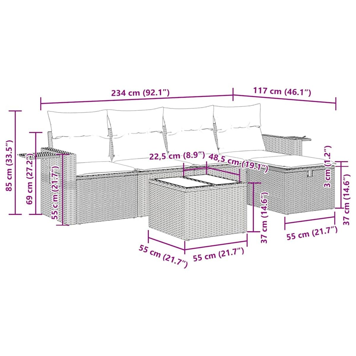 Set da esterno in vimini con divano componibile, tavolo e dimensioni.