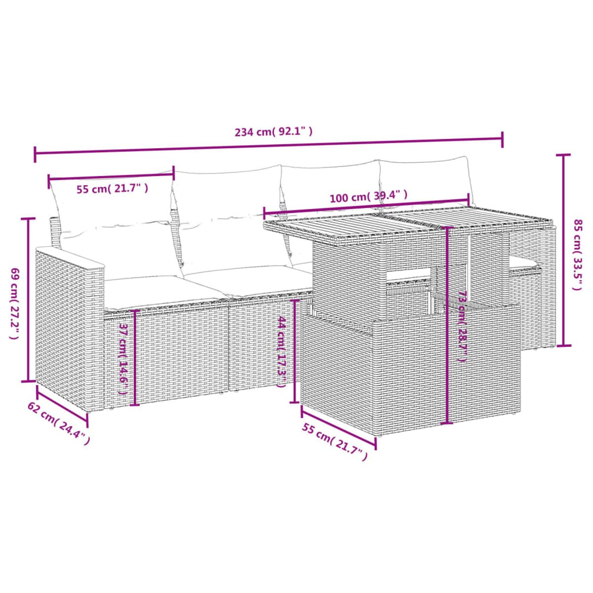 Ein Outdoor-Rattanset mit Sofa und Tisch. Abmessungen sind in cm angegeben.