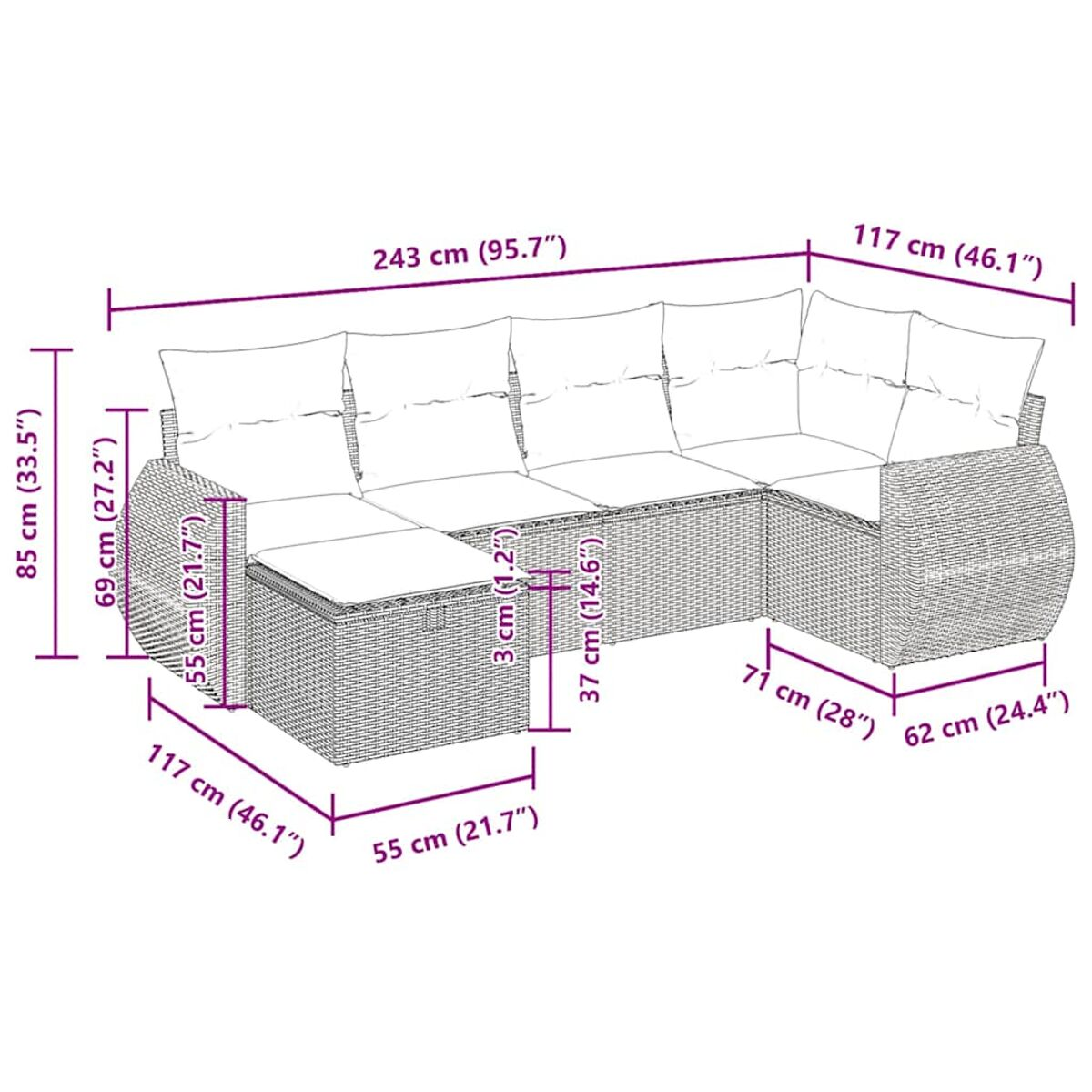 Un divano da esterno in vimini grigio con dimensioni espresse in centimetri e pollici.