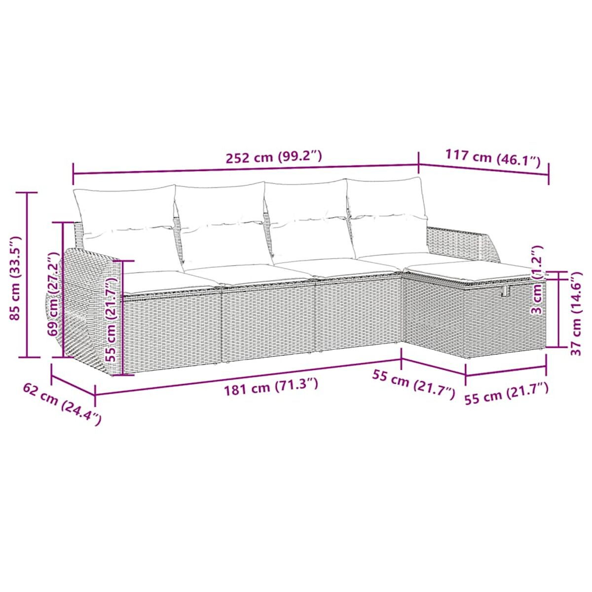 Ein Ecksofa mit Kissen, aus gewebtem beigefarbenem Material, mit Größenangaben.