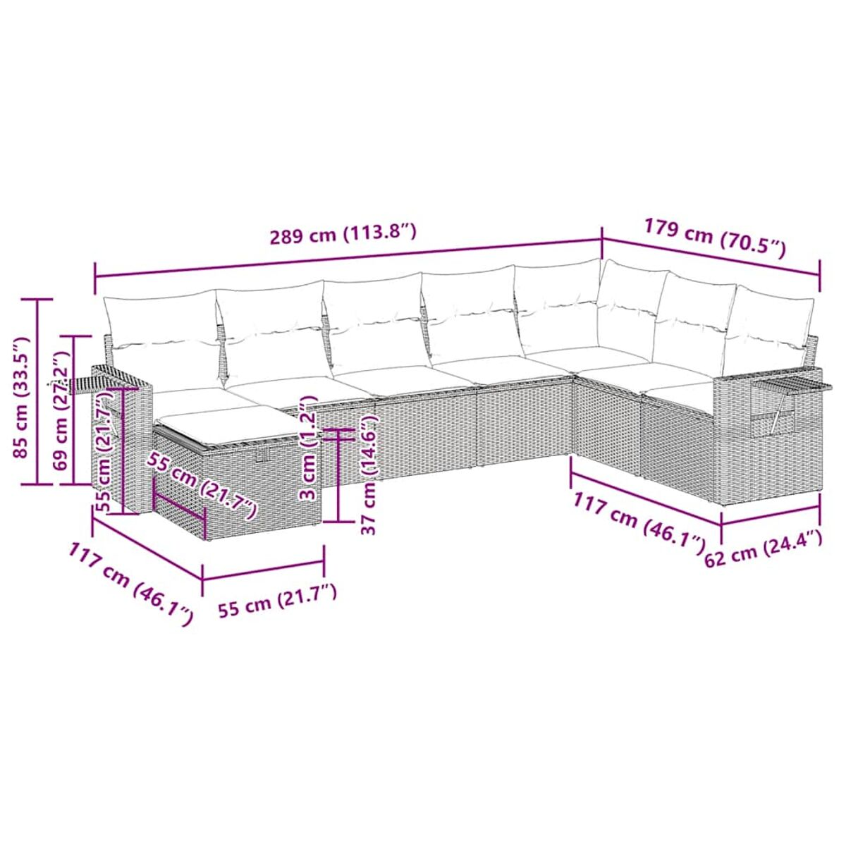 Outdoor-Sofaset mit Maßen dargestellt.