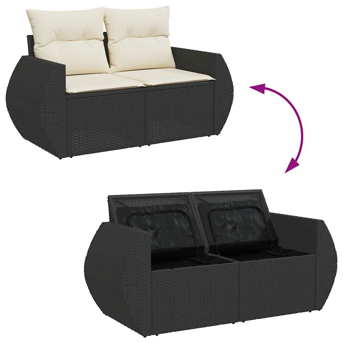 Ein Zweisitzer-Sofa mit Kissen und ein geöffnetes Sofa, das Stauraum zeigt. Ein Pfeil zeigt den Öffnungsvorgang.