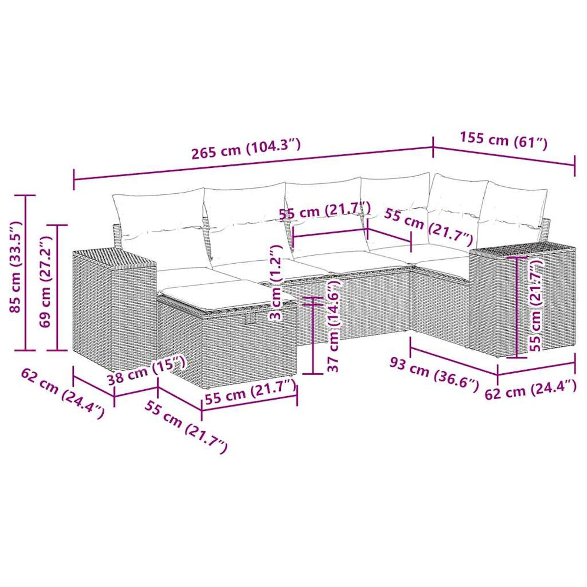 Geflochtenes Outdoor-Ecksofa-Set mit Maßen. Enthält mehrere Sitzbereiche.