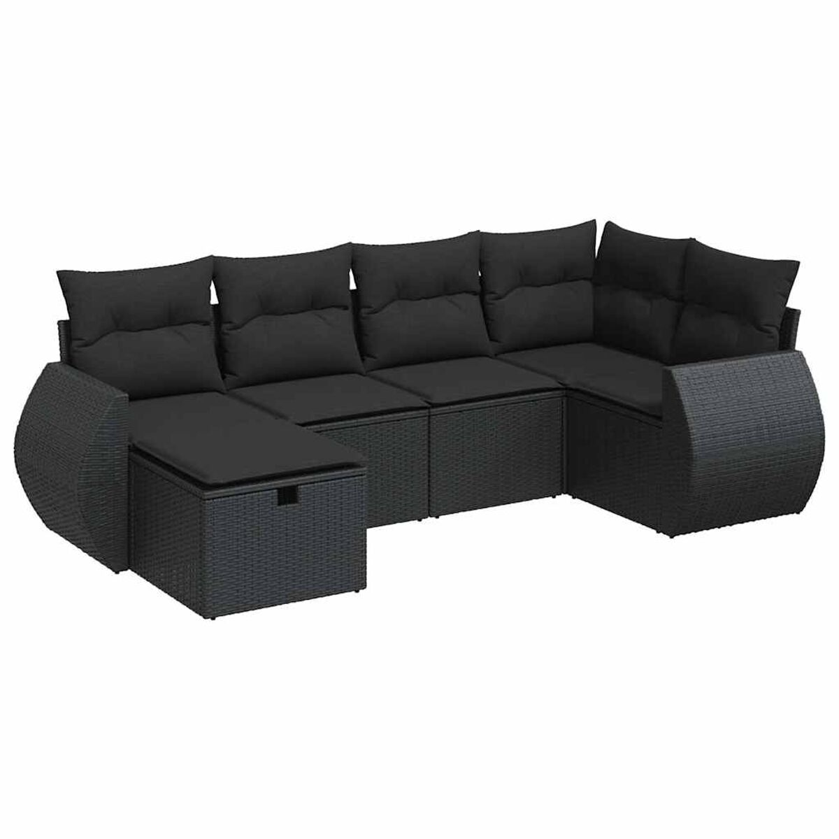 Set da patio in vimini nero con cuscini neri. Include divano e pouf in una disposizione a U.