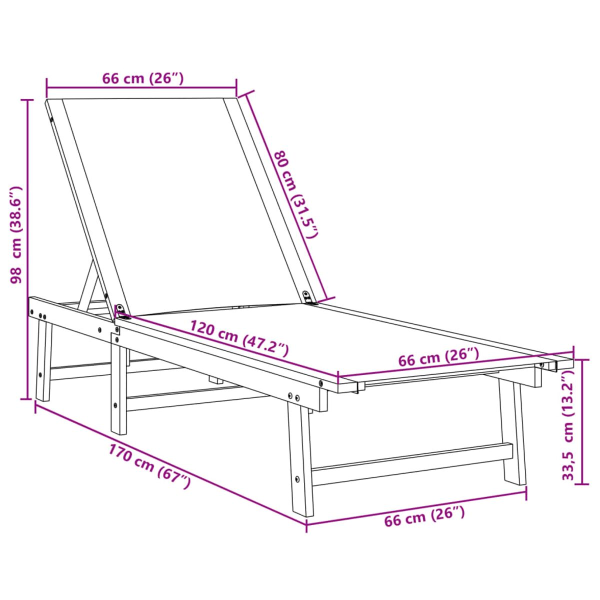 Diagramma di una sedia a sdraio di legno bianco con dimensioni etichettate.