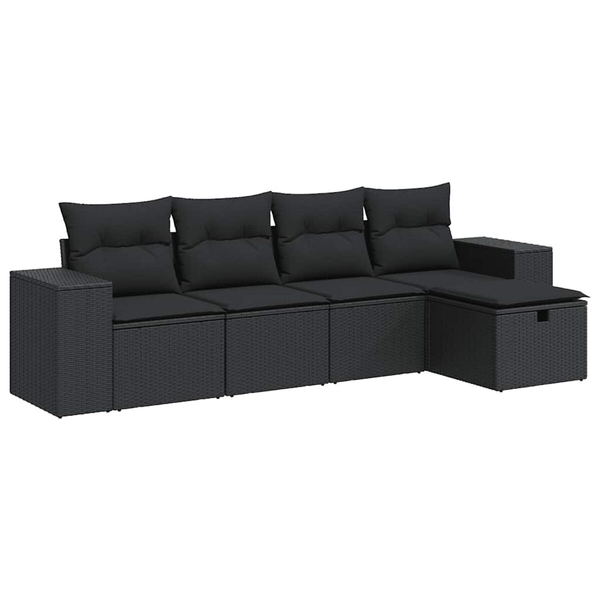 Set divano in rattan nero con cuscini neri. Tavolino e contenitore.