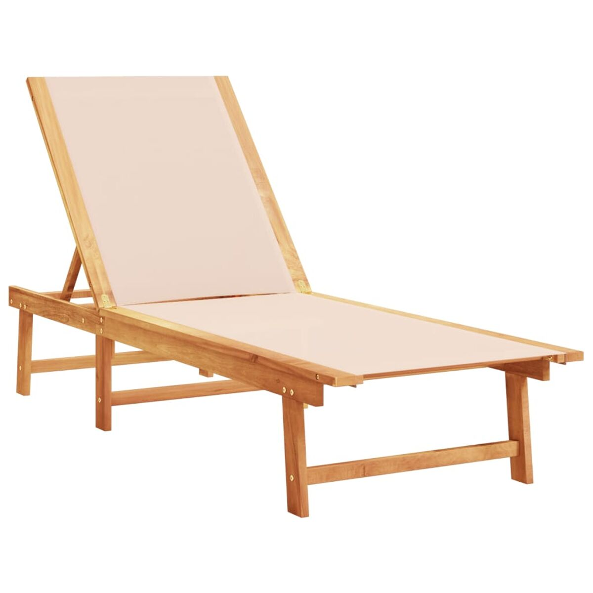 Sonnenliege aus Holz mit beigem Stoff. Die Liege hat eine verstellbare Rückenlehne.