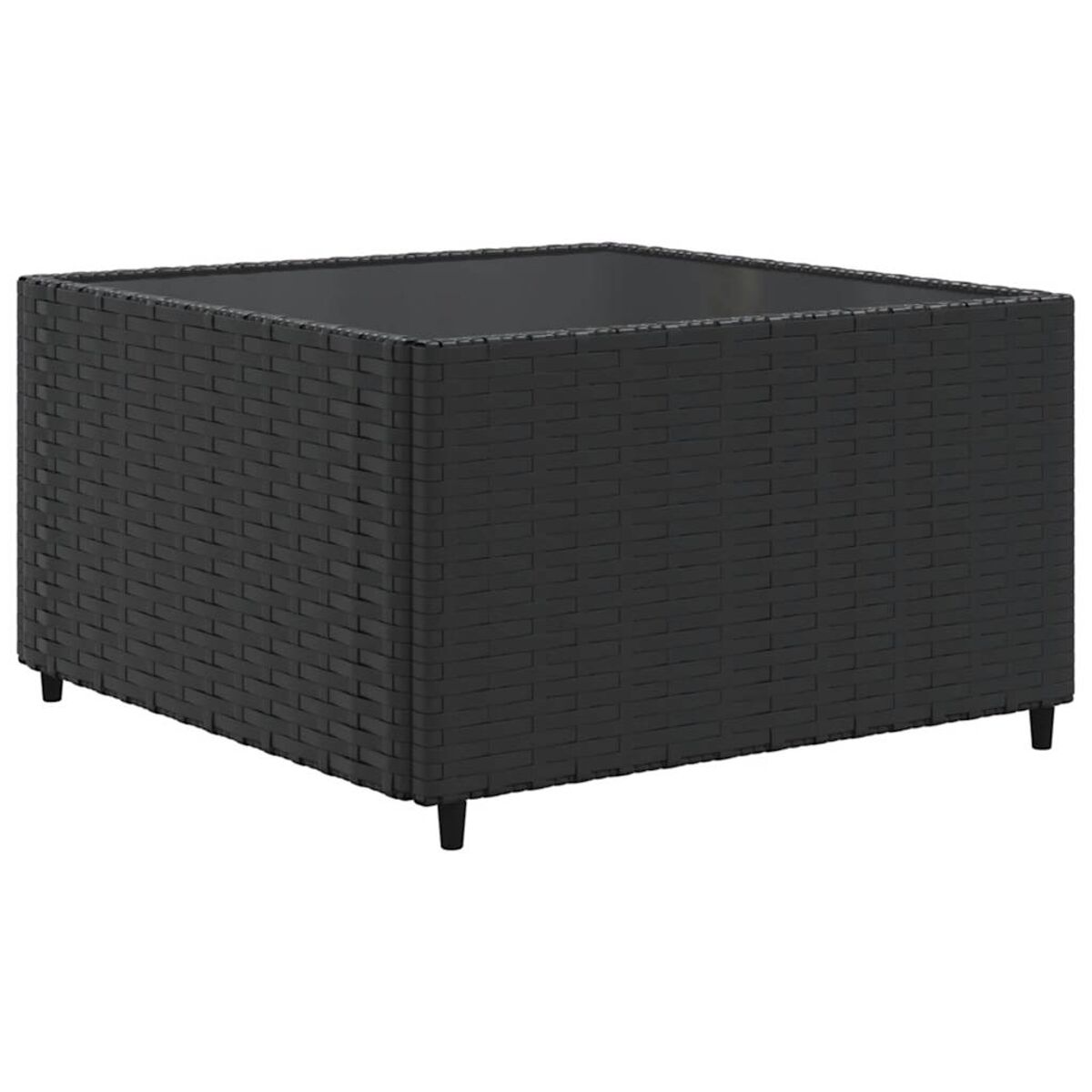 Tavolino quadrato nero intrecciato con gambe corte, su sfondo bianco.
