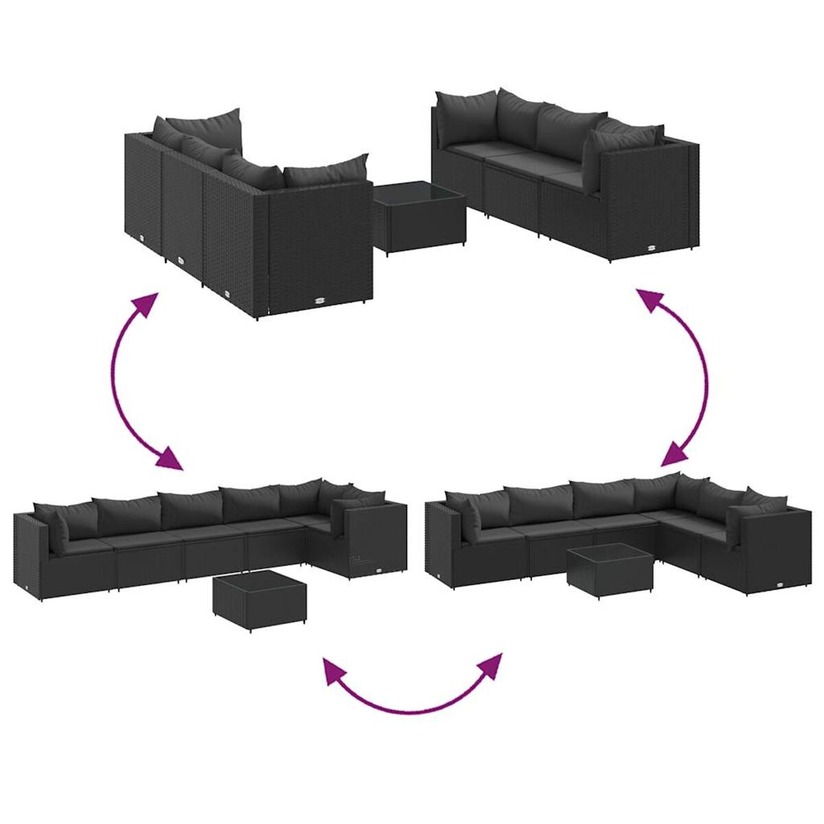 Diagramma che mostra varie disposizioni di divani modulari in vimini nero.