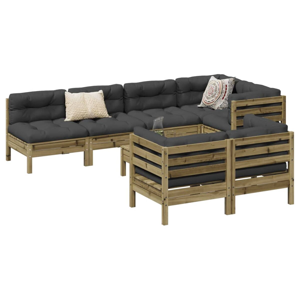 Outdoor-Ecksofa-Set mit dunkelgrauen Kissen, Holzrahmen und Tisch mit Glasplatte.