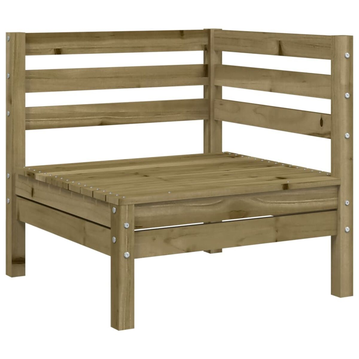 Ein hölzerner Eckstuhl für den Außenbereich mit Lattenrücken und -sitz. Das Holz ist hellbraun.