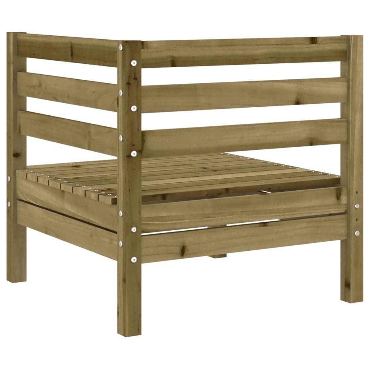 Ein hölzerner Outdoor-Stuhl mit horizontalen Lamellen.