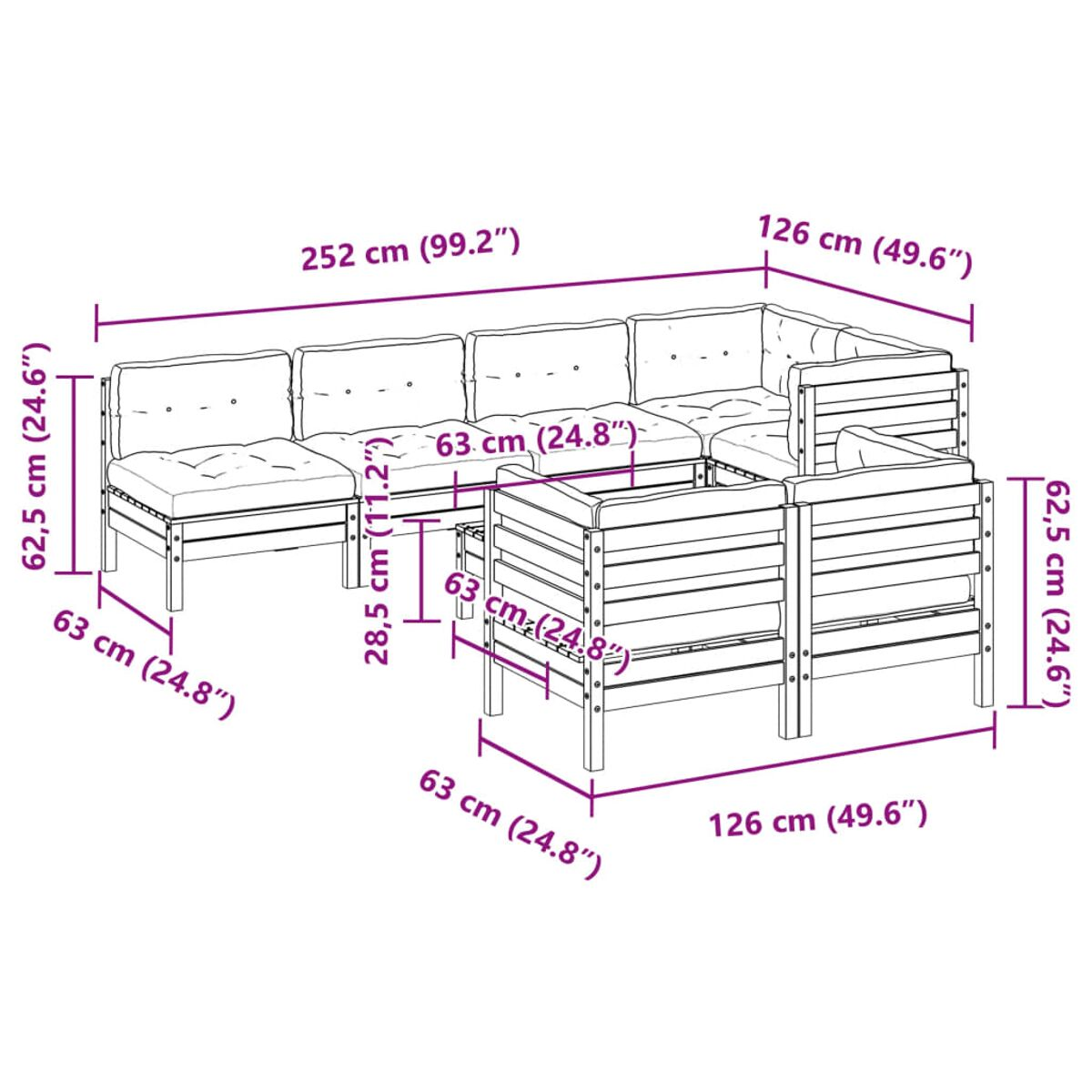 Outdoor-Ecksofa mit Maßen. Es hat Kissen und einen Holzrahmen. Maße in cm und Zoll angegeben.