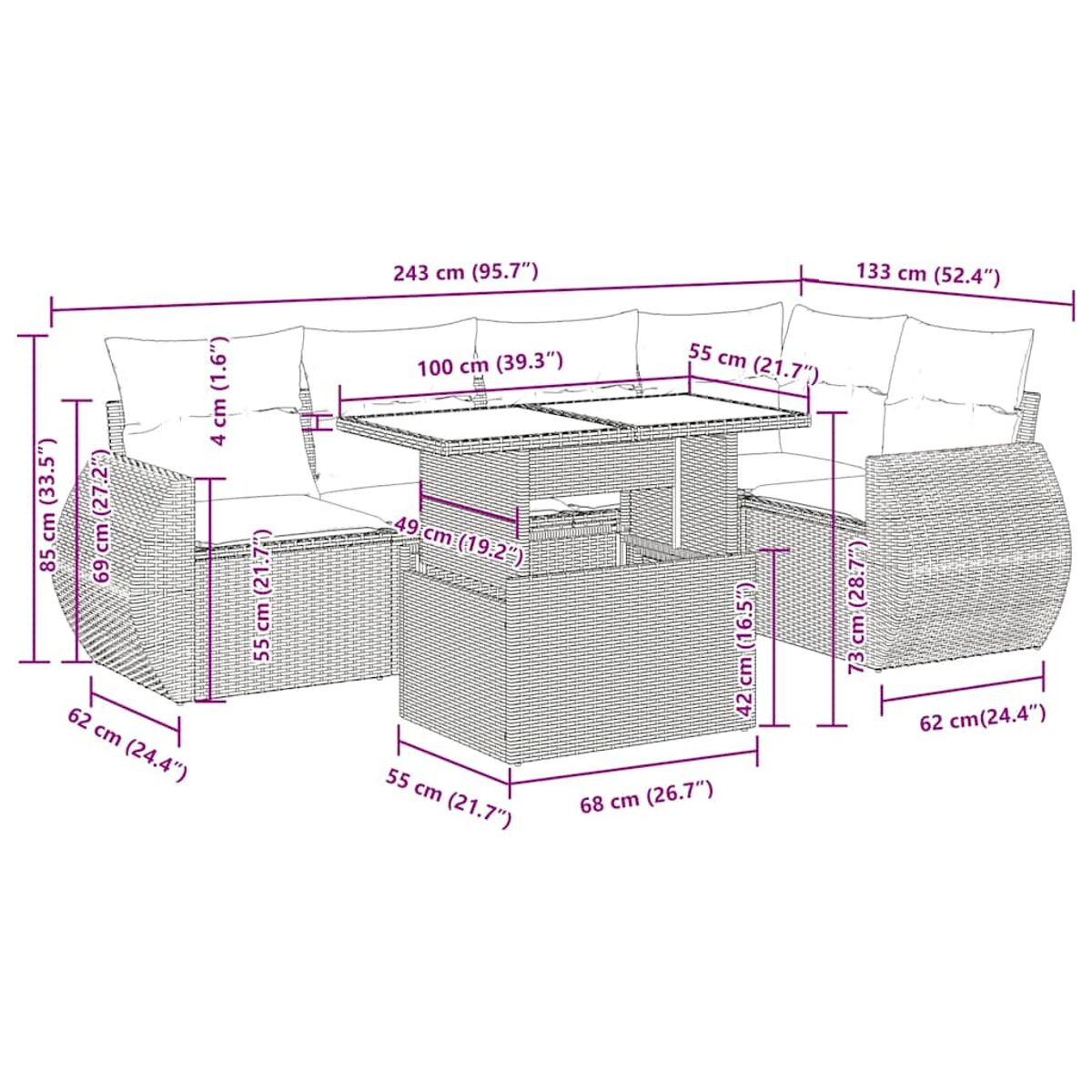 Diagramm eines Rattan-Outdoor-Ecksofas mit Abmessungen in Zentimetern und Zoll.