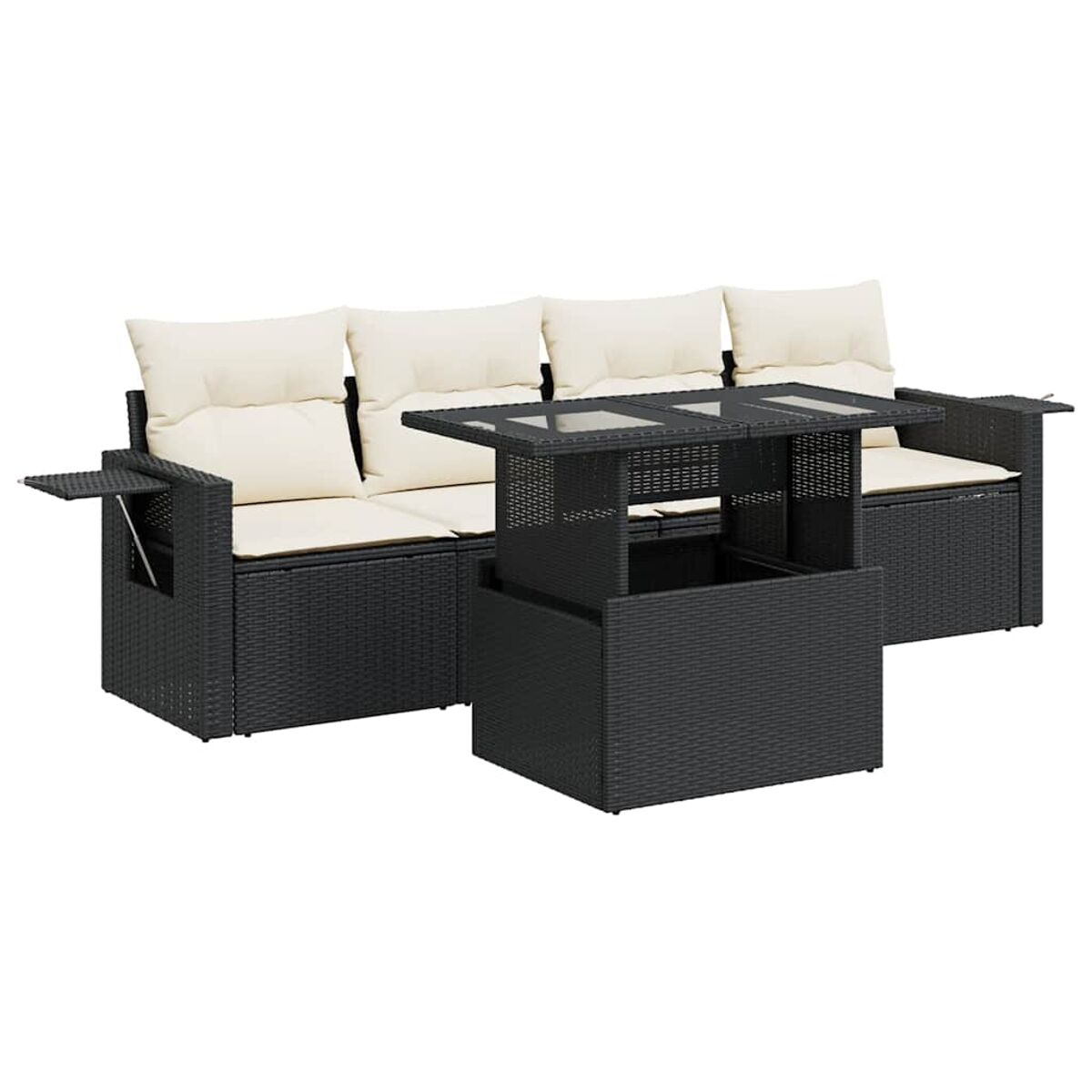 Divano componibile da esterno in vimini nero con cuscini beige e tavolo in vetro su bianco.