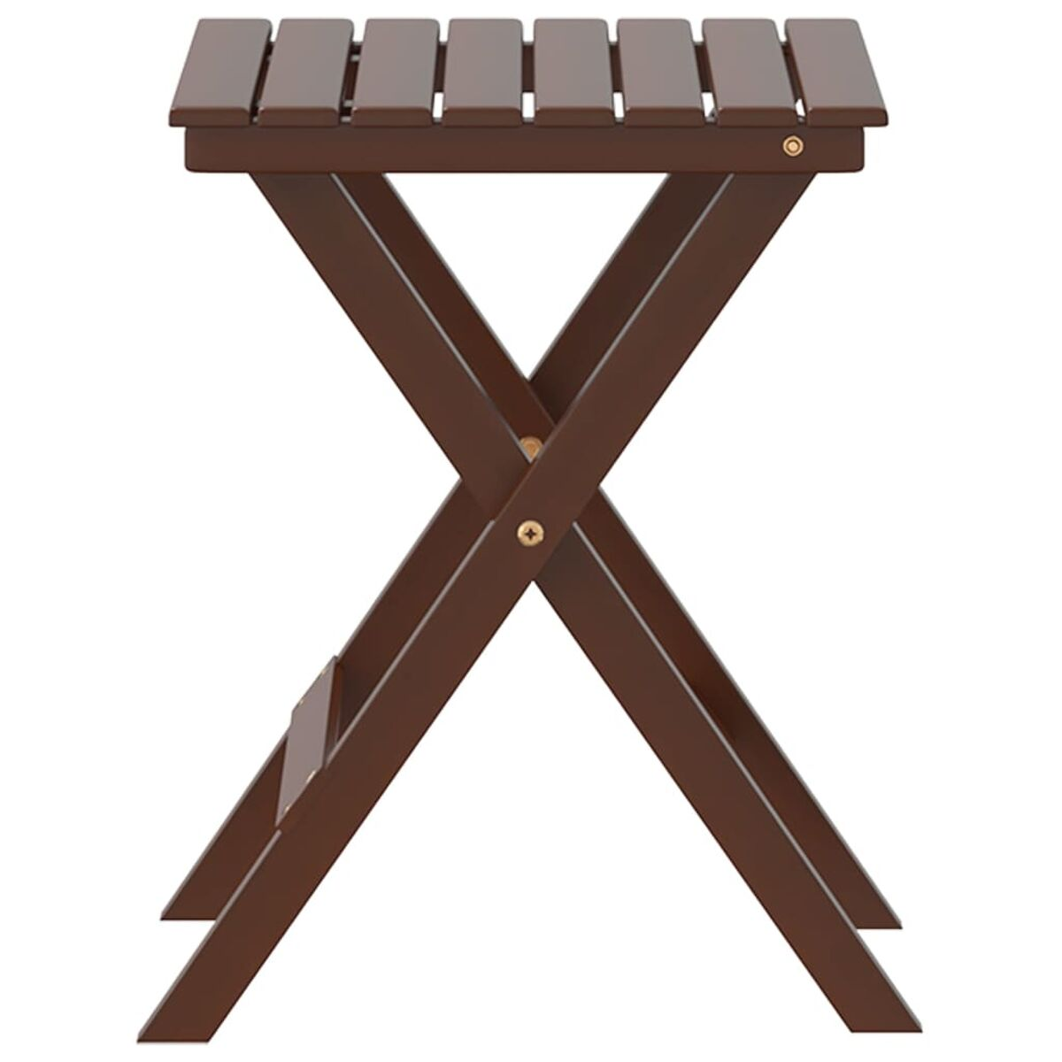 Un piccolo tavolino pieghevole marrone. Ha una base a forma di X.