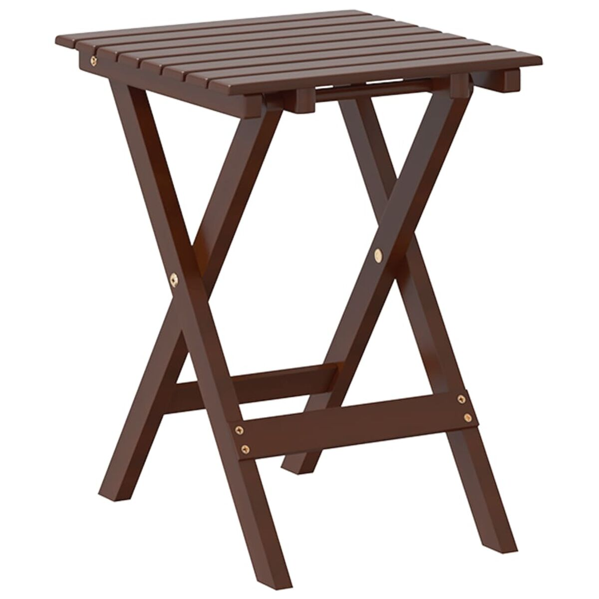 Tavolo pieghevole in legno. Il tavolo ha una finitura marrone scuro. Design semplice, facile da piegare.