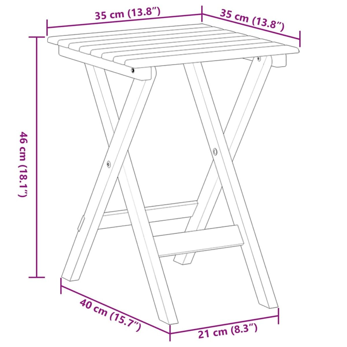 Tavolo pieghevole in legno con dimensioni in cm e pollici.