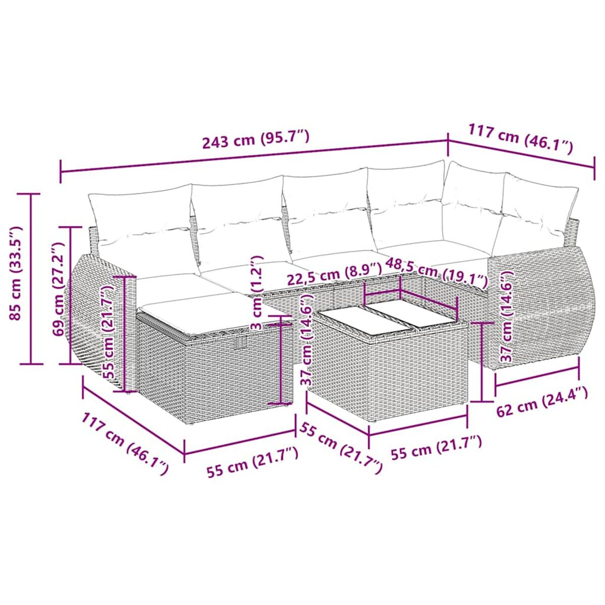 Weißes Outdoor-Ecksofa mit beschrifteten Abmessungen. Weißer Hintergrund.
