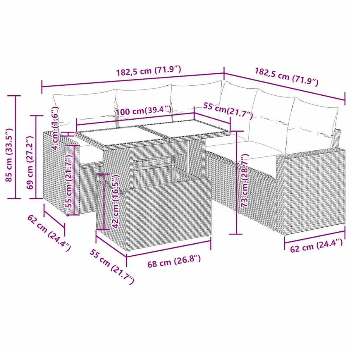Un set di sedute da esterno in stile rattan con tavolo. Dimensioni dei mobili etichettate.