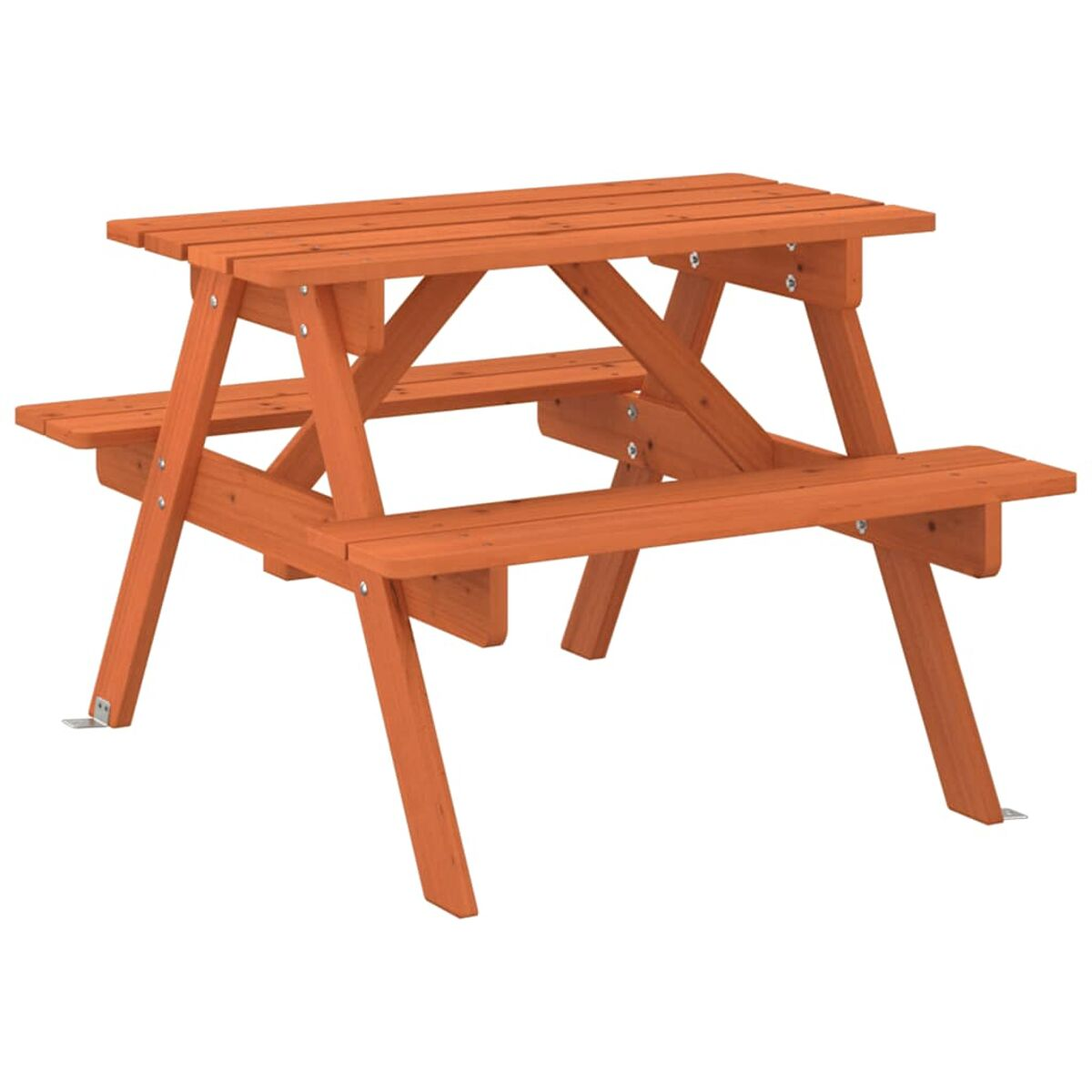 Tavolo da picnic in legno arancione con panche e gambe angolate.