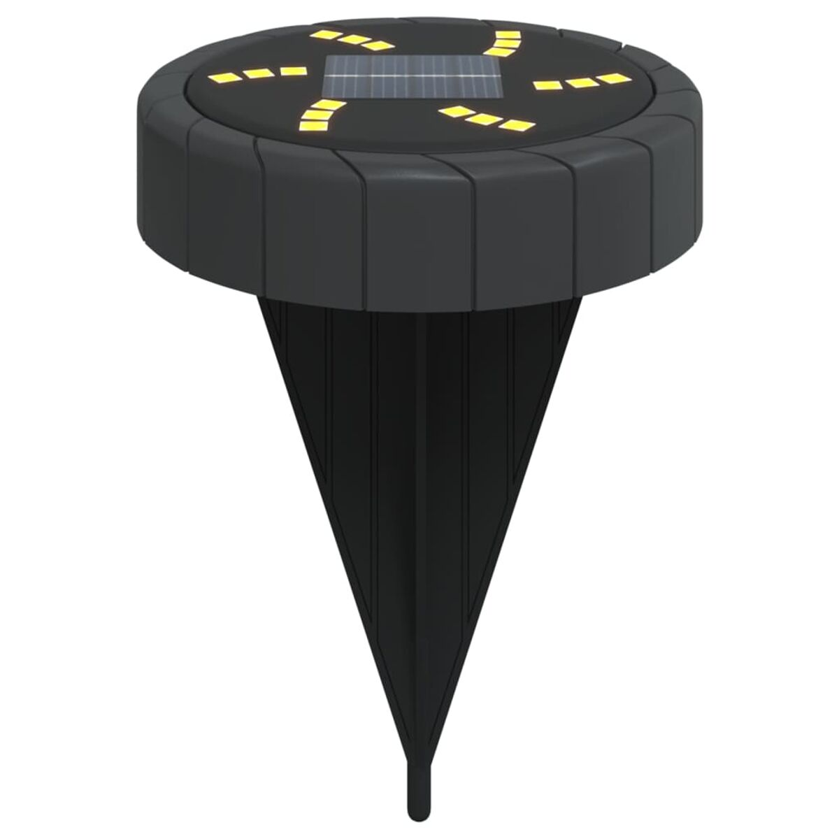 Schwarze Solar-Gartenleuchte mit spitzem Fuß und gelben Lichtern oben.