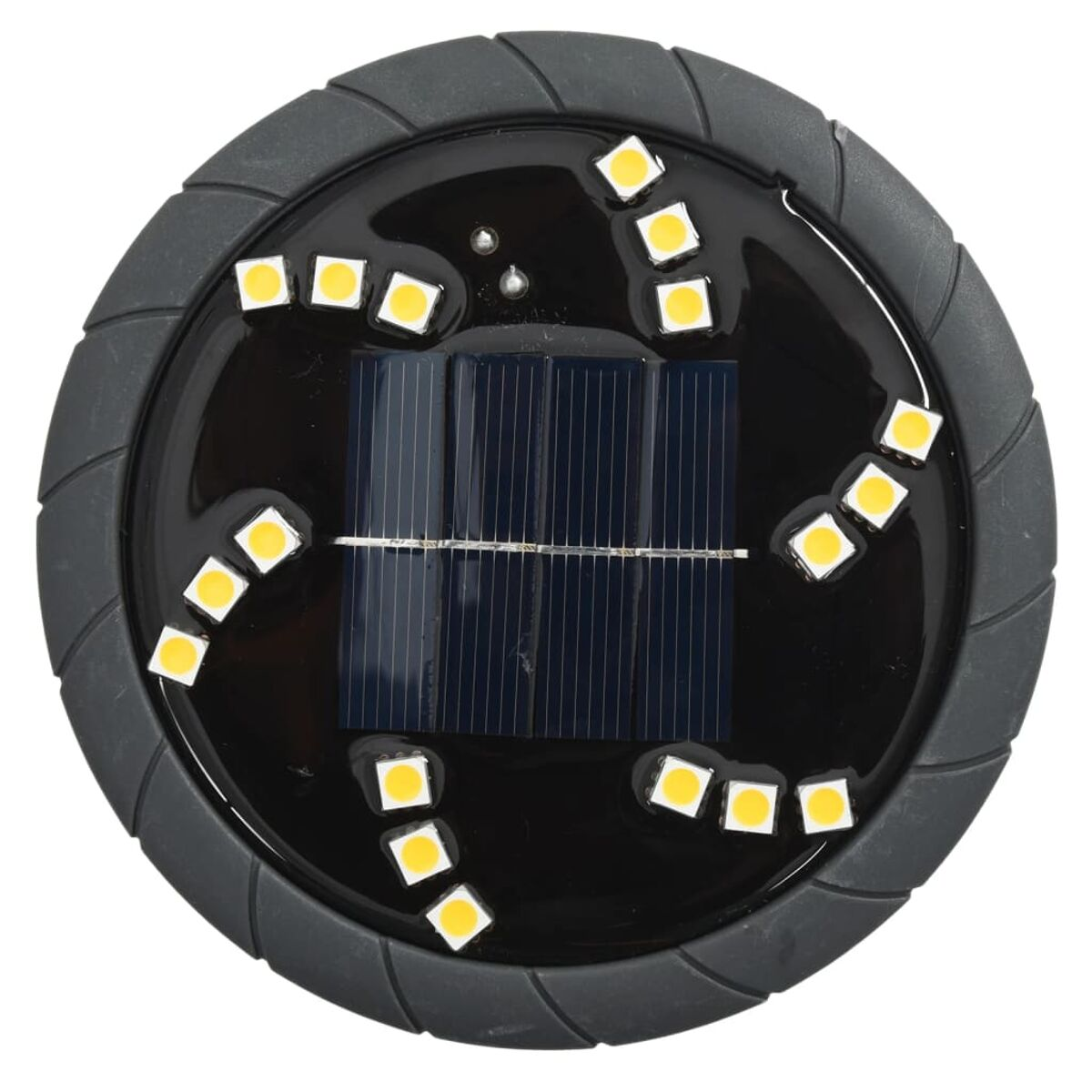 Ein runder Solar-Gartenleuchte mit schwarzem Rand und gelben Lichtern.