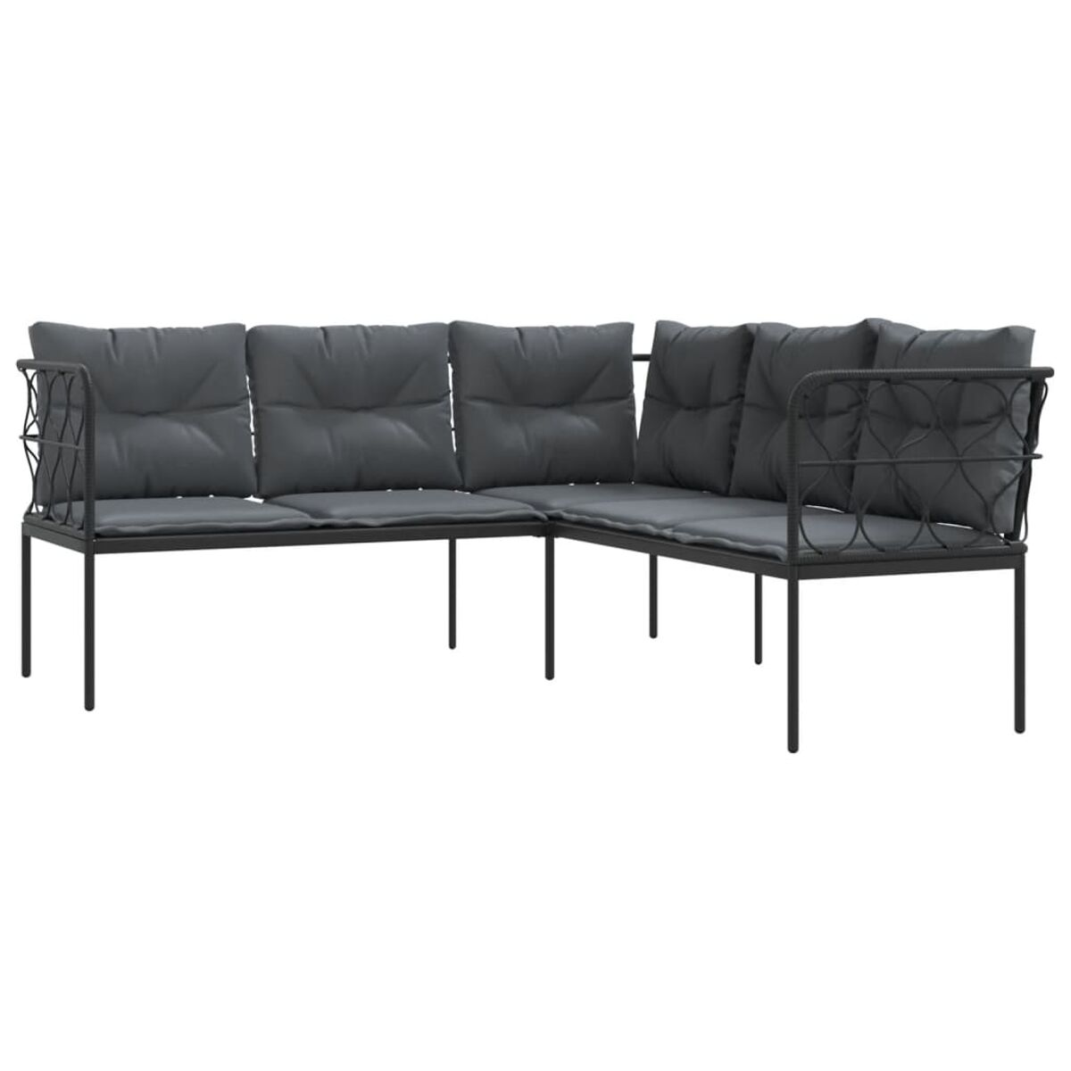 L-förmige Outdoor-Eckcouch mit dunkelgrauen Kissen und schwarzem Metallrahmen.