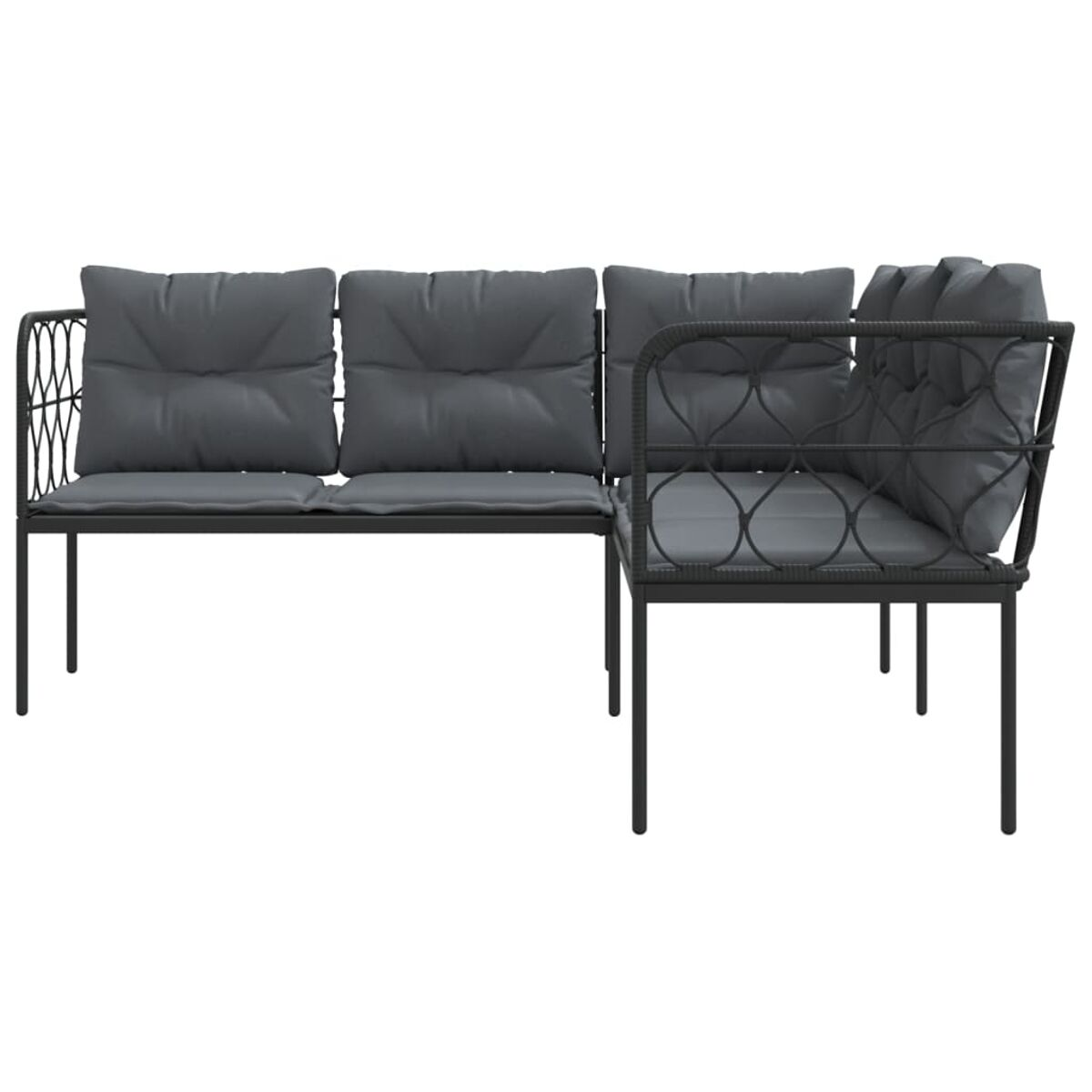 Ein L-förmiges Outdoor-Sofa mit grauen Kissen auf weißem Hintergrund.