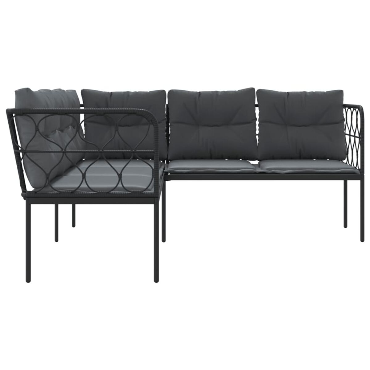 Schwarzes Metall-Außensofa mit grauen Kissen.