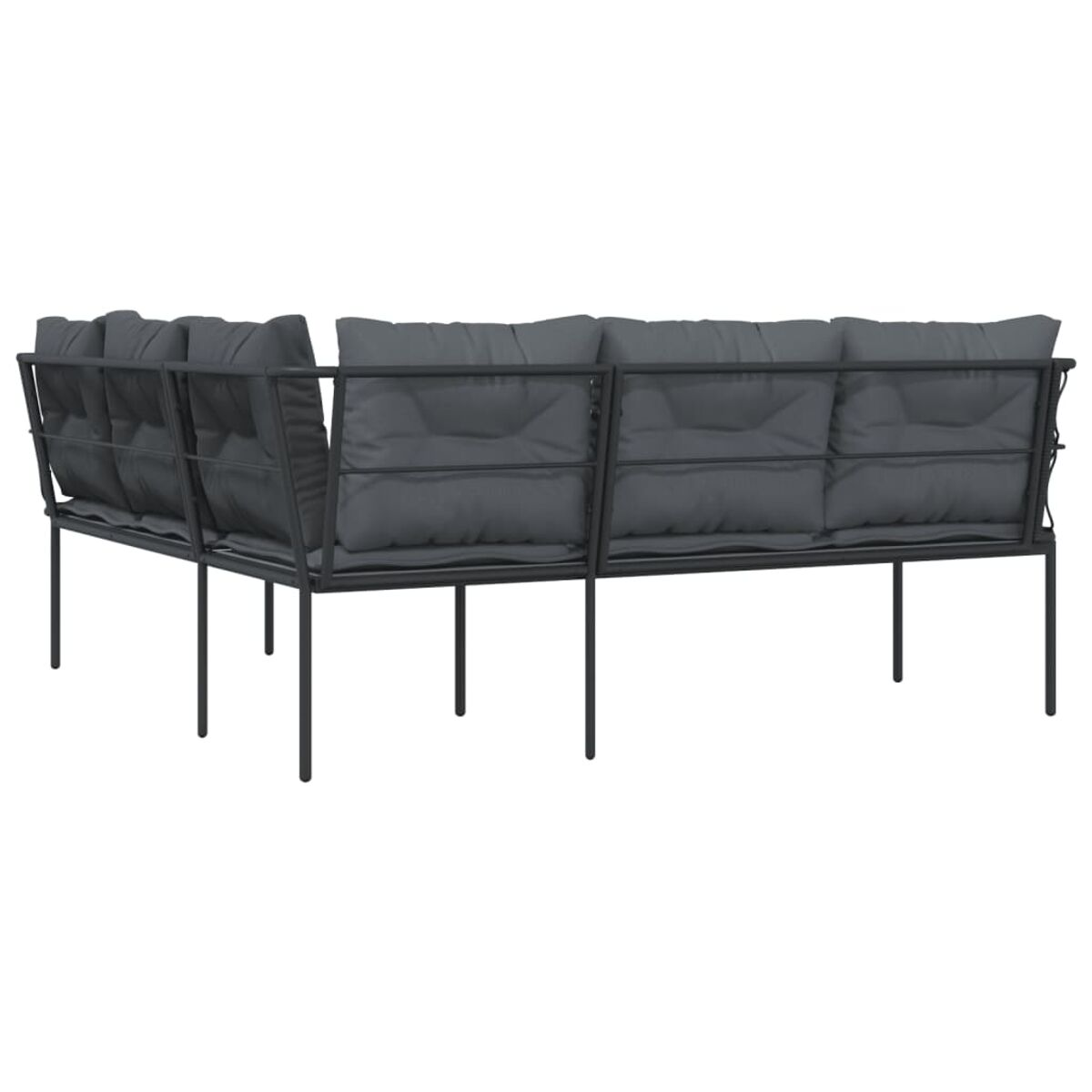 Schwarzes Metall-Outdoor-Ecksofa mit dunkelgrauen Kissen. Das Sofa hat ein schlichtes, modernes Design.