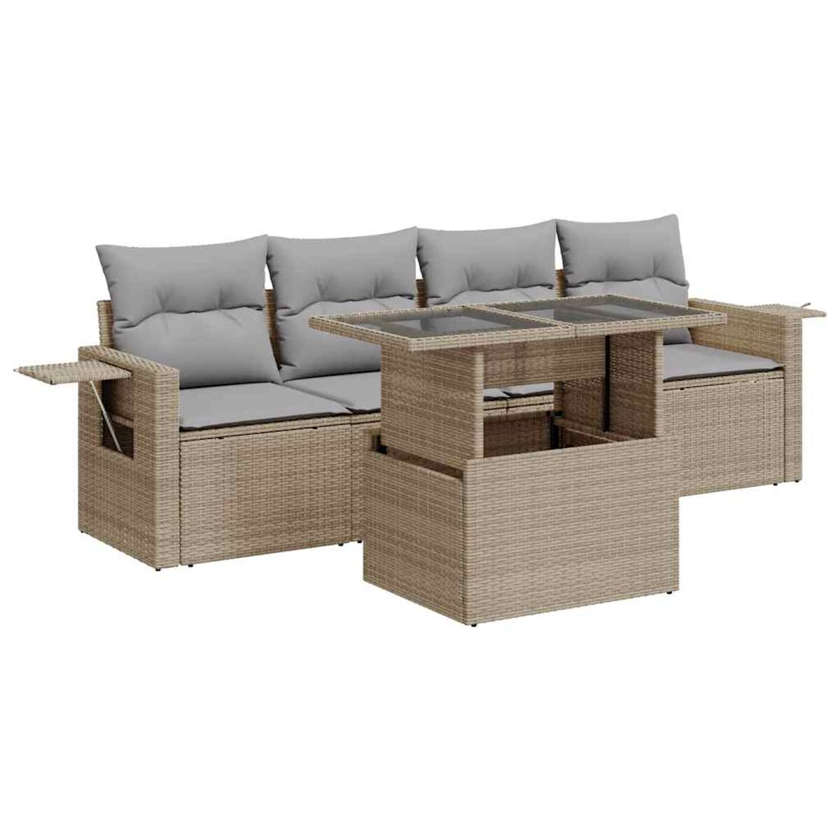 Set di divani in vimini beige con tavolo. Cuscini grigi sul divano. Tavolo con piano sollevabile, rivelando spazio contenitore.