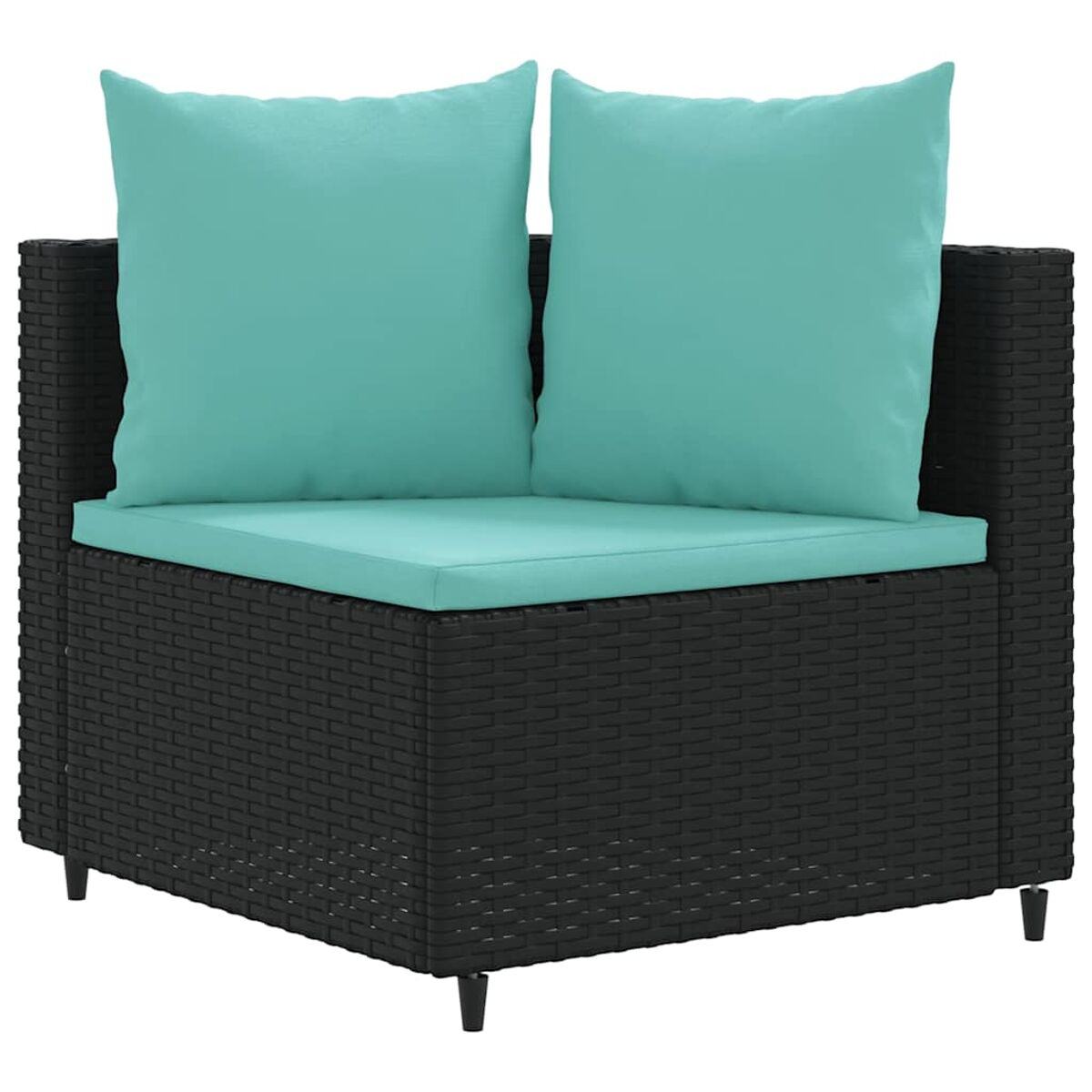 Schwarzes Ecksofa mit zwei türkisfarbenen Kissen und einem türkisfarbenen Sitzkissen. Schwarze Beine. Weißer Hintergrund.