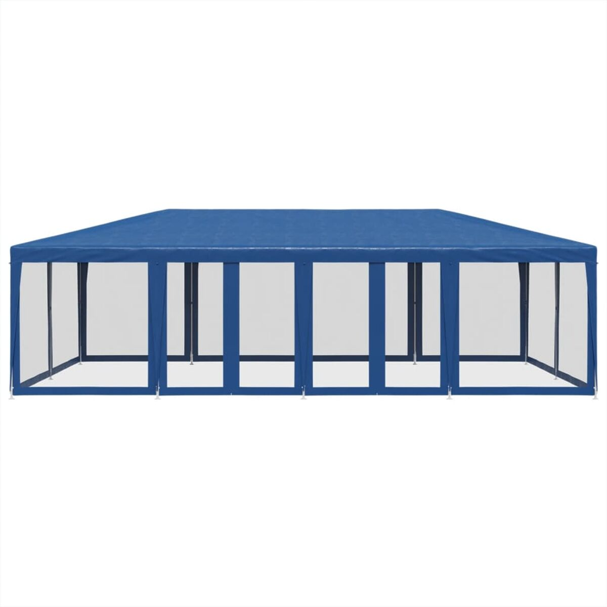 Gazebo blu per esterni con finestre trasparenti e struttura bianca.