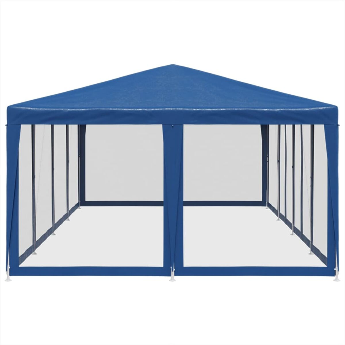Gazebo blu per esterni con rete bianca. Il gazebo è su una superficie bianca, tetto blu.