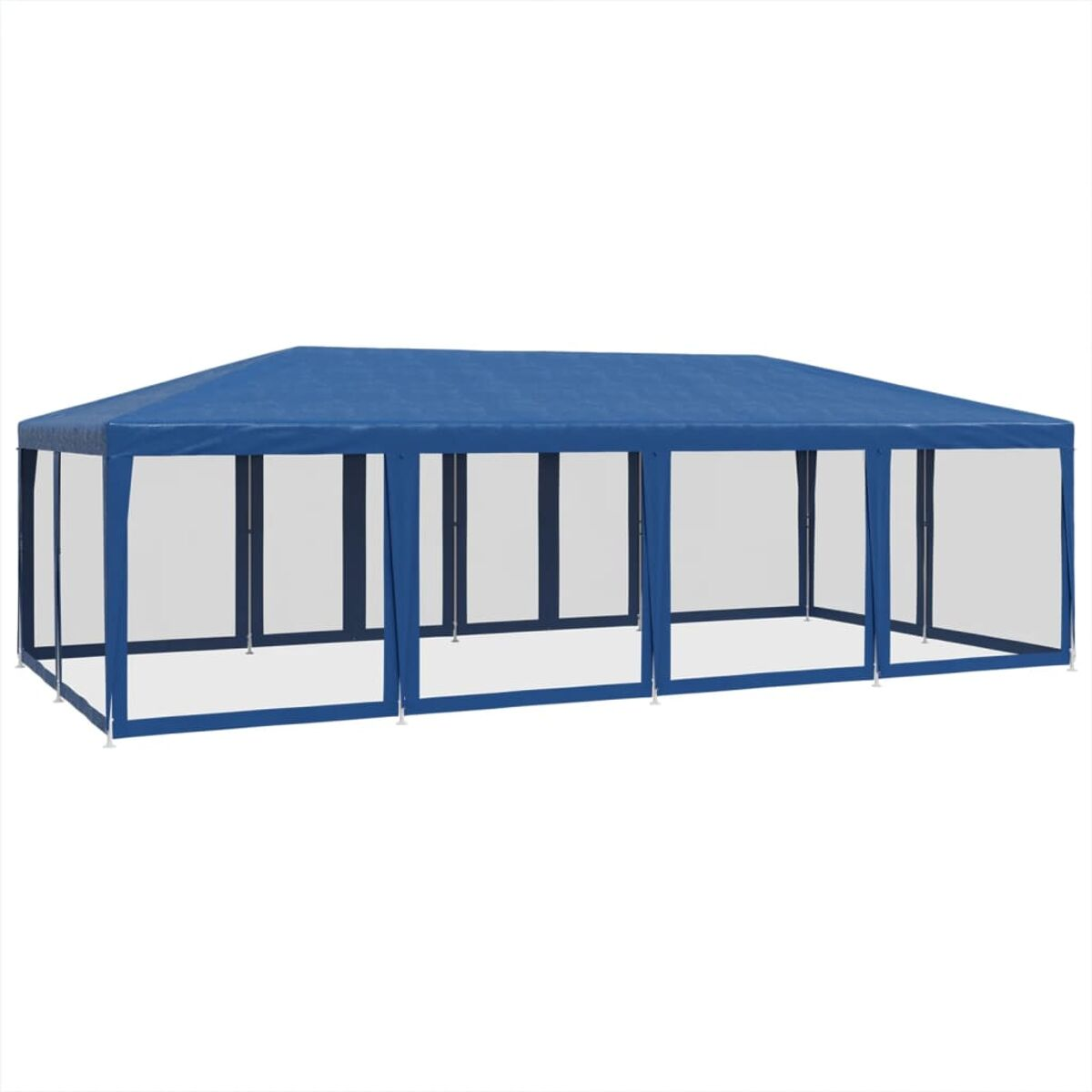 Tenda blu da esterno con lati trasparenti. La tenda è rettangolare e ha una struttura semplice.