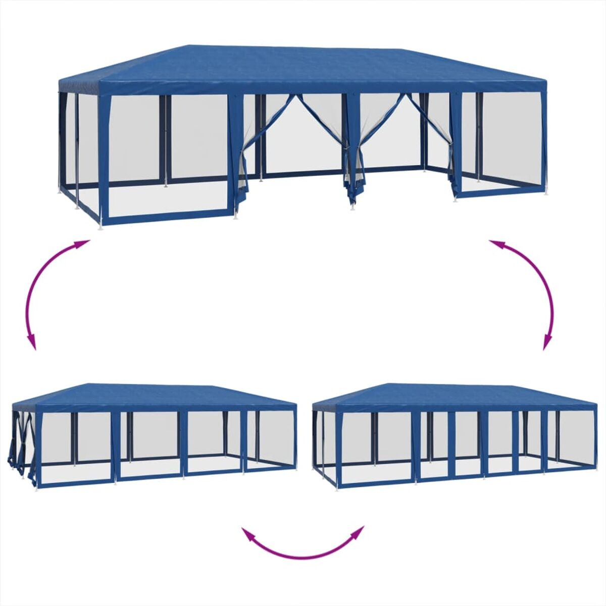 Un gazebo blu in tre viste. La vista dall'alto mostra l'intera struttura, il basso mostra due configurazioni.