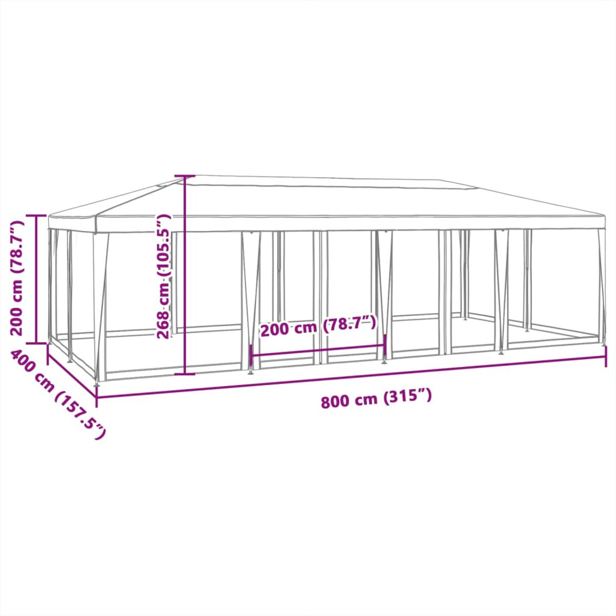 Gazebo bianco con dimensioni. Testo con misure in cm e pollici.