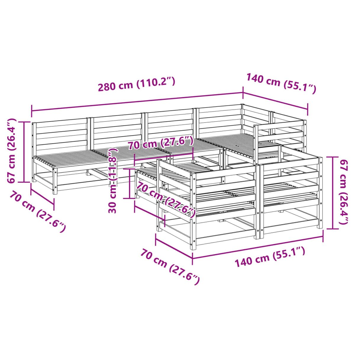 Diagramm von Gartenmöbeln, Maße in cm (Zoll). Weißer Hintergrund, zeigt das Layout des Ecksofas.