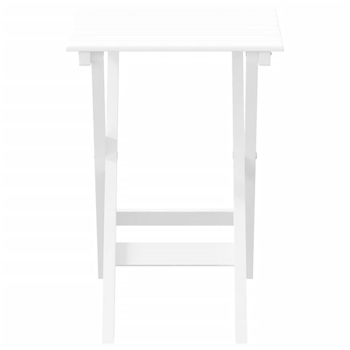 Weißer Klapptisch mit quadratischer Platte und schrägen Beinen.