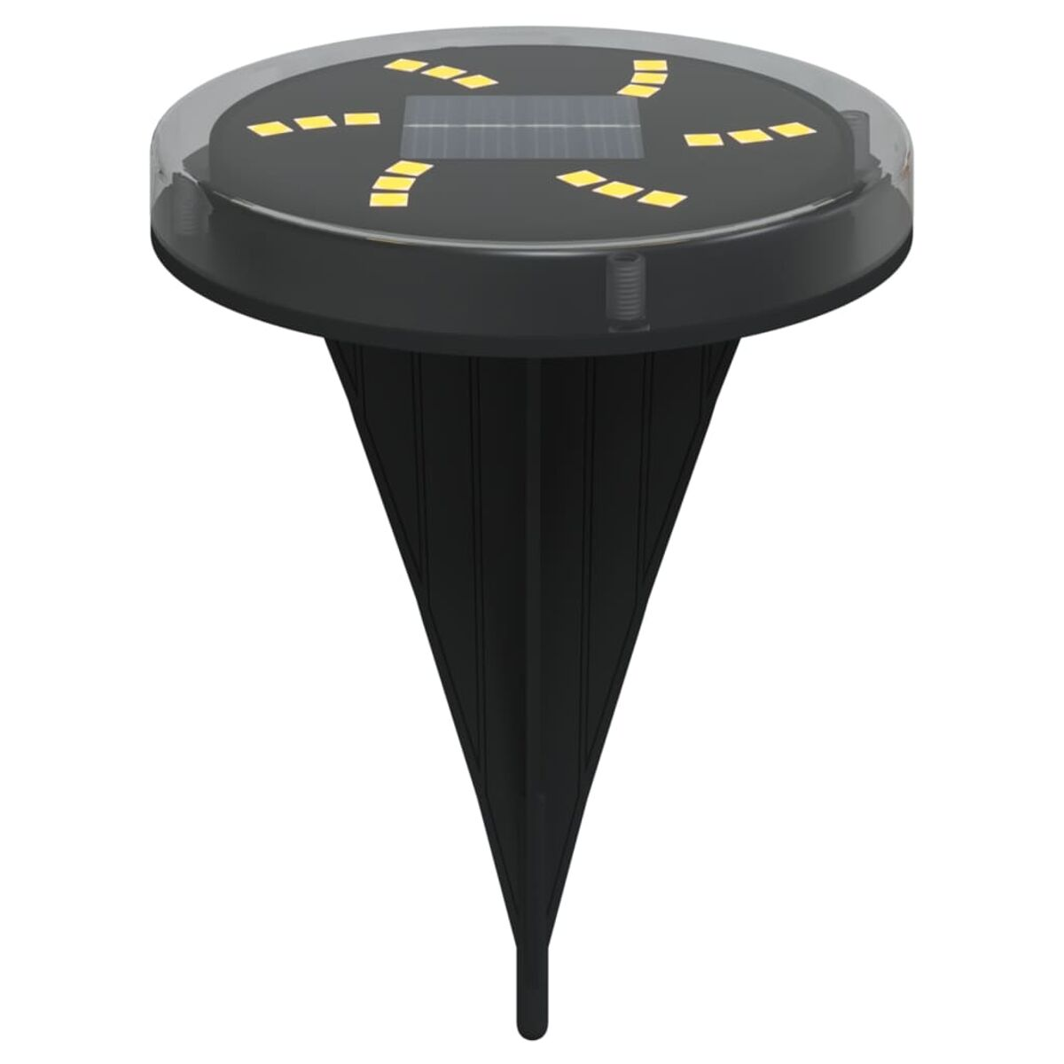 Schwarzes Solar-Gartenlicht mit spitzem Pfahl. Es hat eine transparente Kunststoffabdeckung und gelbe LEDs.
