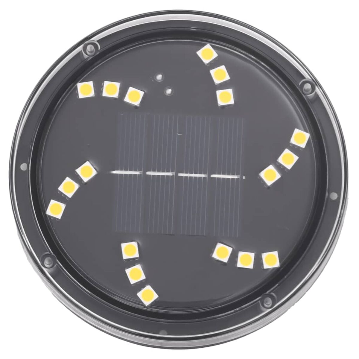 Runde solarbetriebene LED-Leuchte. Schwarzes Gehäuse mit Solarpanel und gelben LEDs.