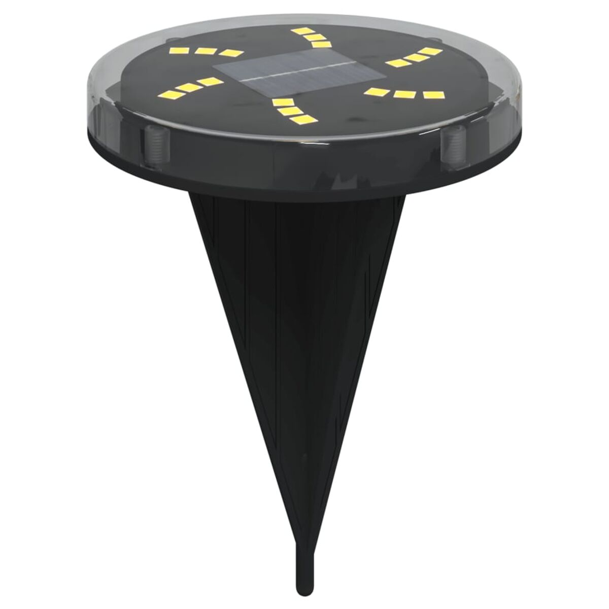 Eine schwarze Solar-Gartenleuchte mit klarem Oberteil und spitzer Basis.