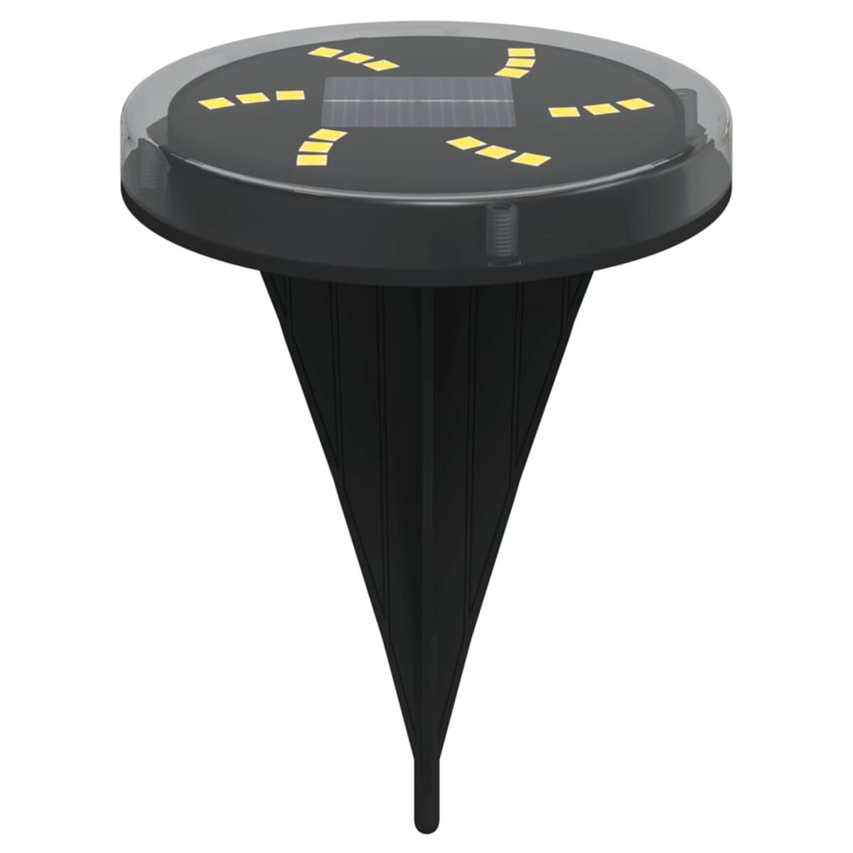 Schwarzes Solar-Bodenlicht für den Außenbereich mit einem Spike-Sockel. Klare Oberseite mit LED-Leuchten.