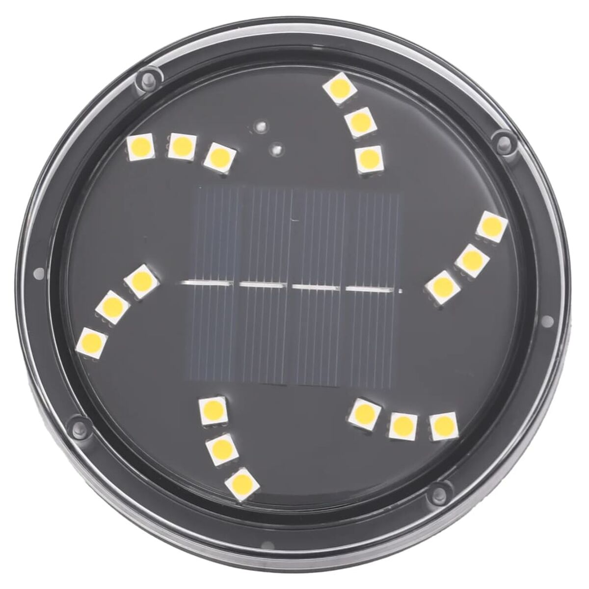 Ein runder Solarleuchte mit gelben LEDs und einem Solarpanel in der Mitte.
